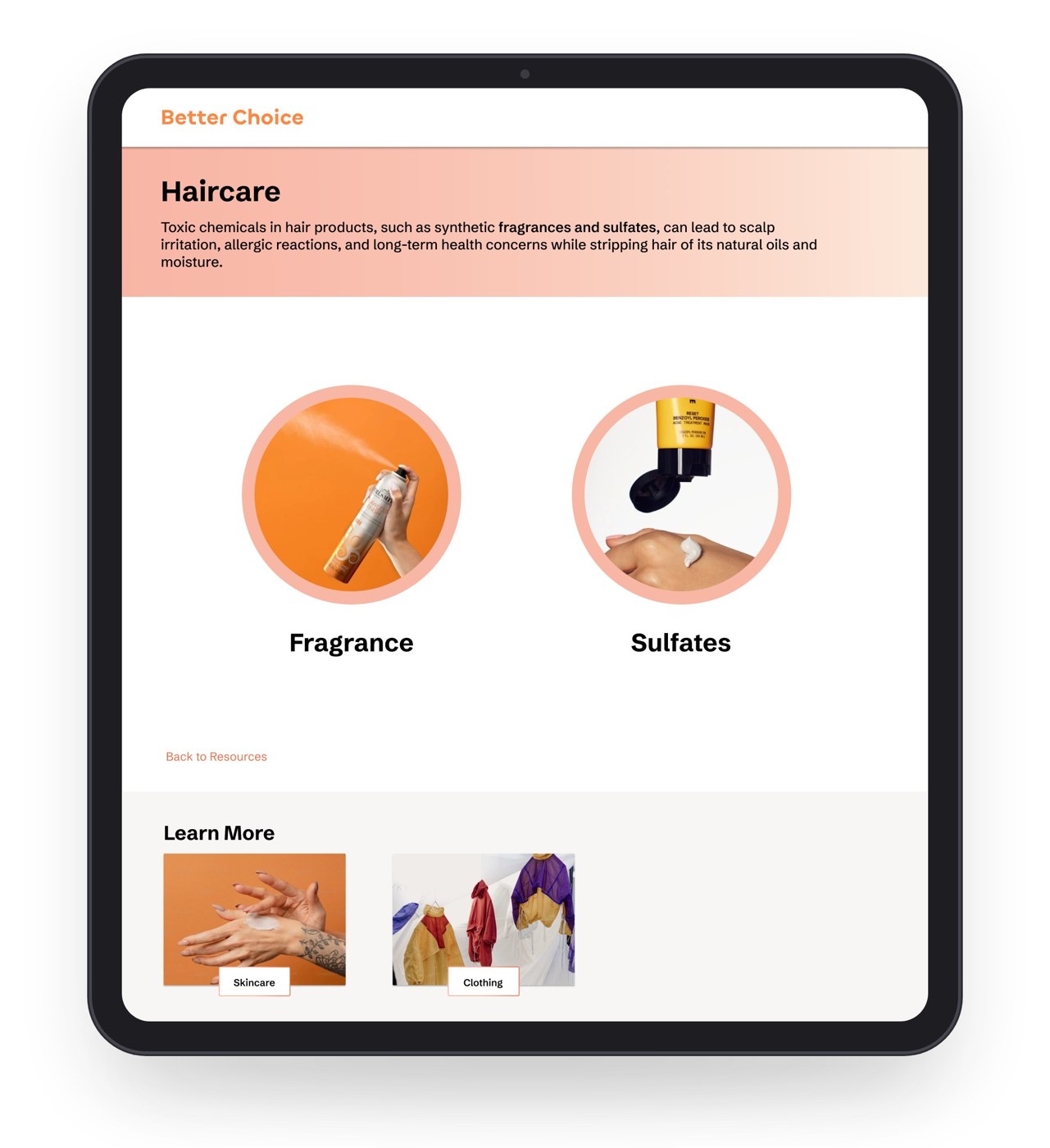 Better Choice haircare topic page with large circular links