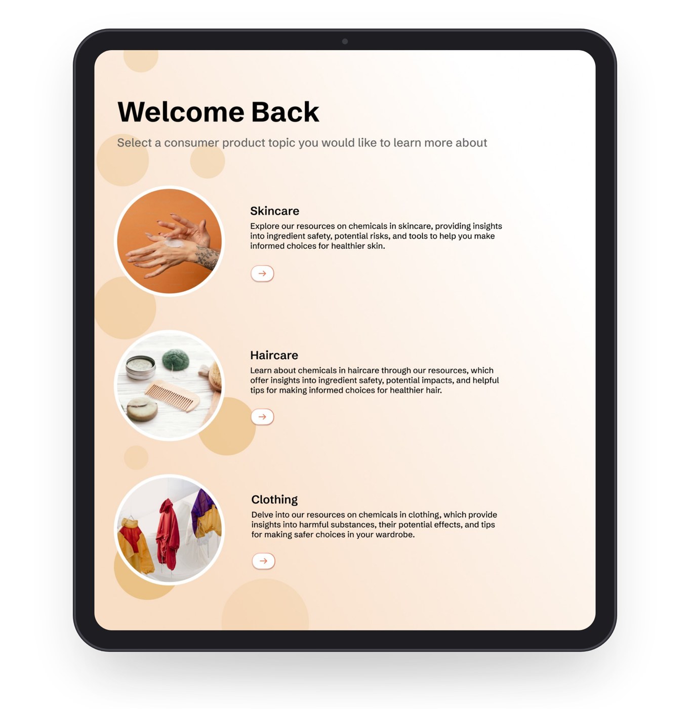 Better Choice welcome screen with skincare, haircare and clothing topics
