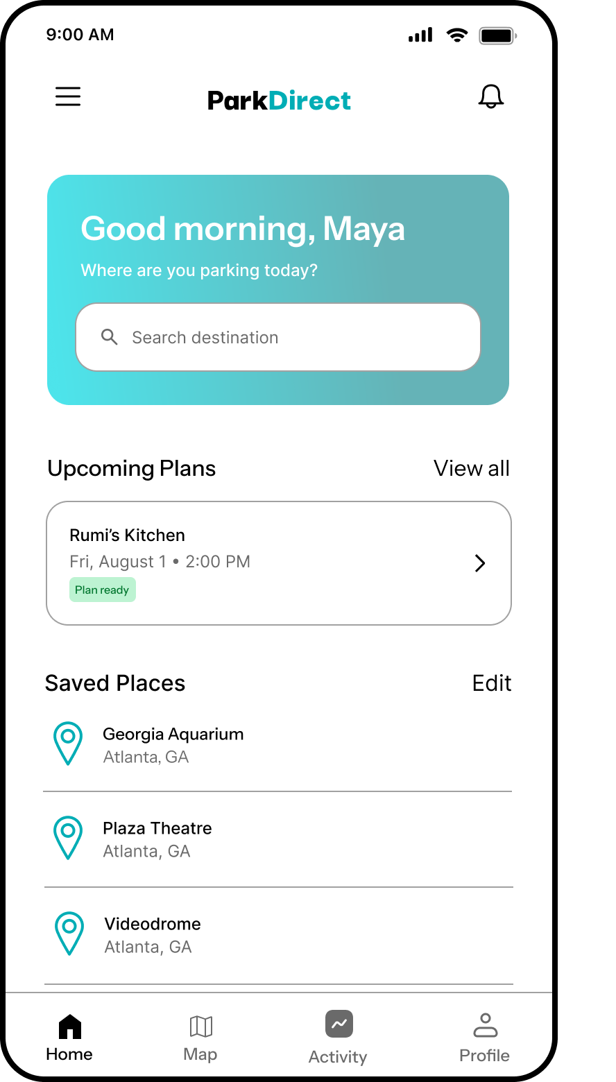 ParkDirect home screen with greeting, search, upcoming plans, and saved places