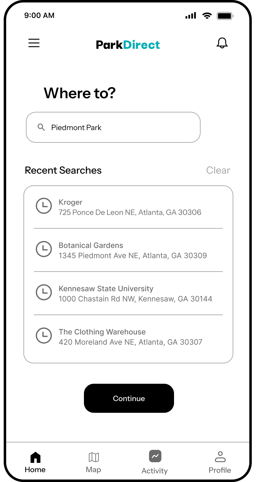 ParkDirect destination search screen with recent searches