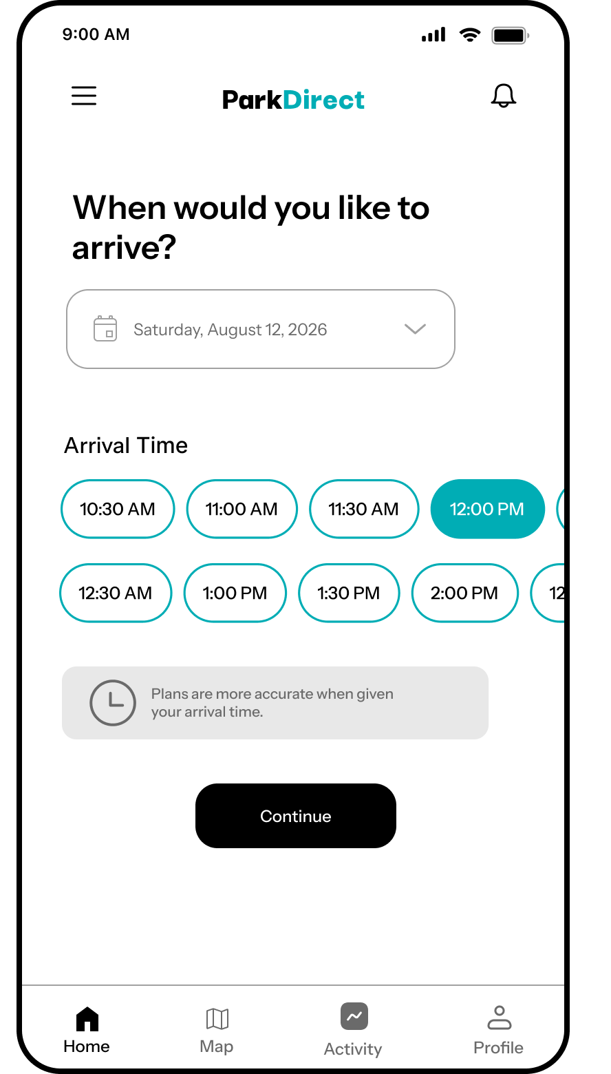 ParkDirect arrival date and time selection screen