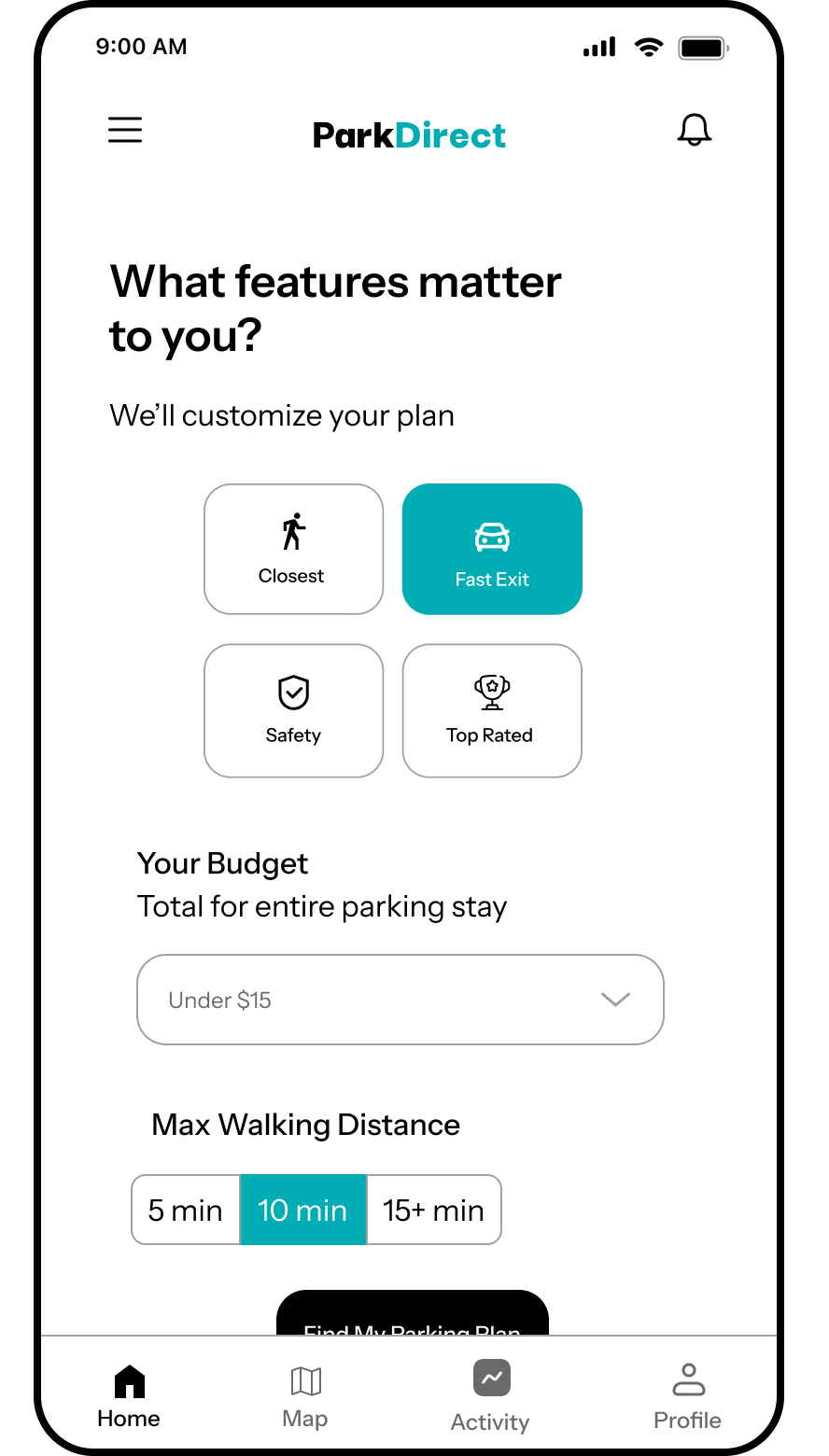ParkDirect feature preference and budget screen