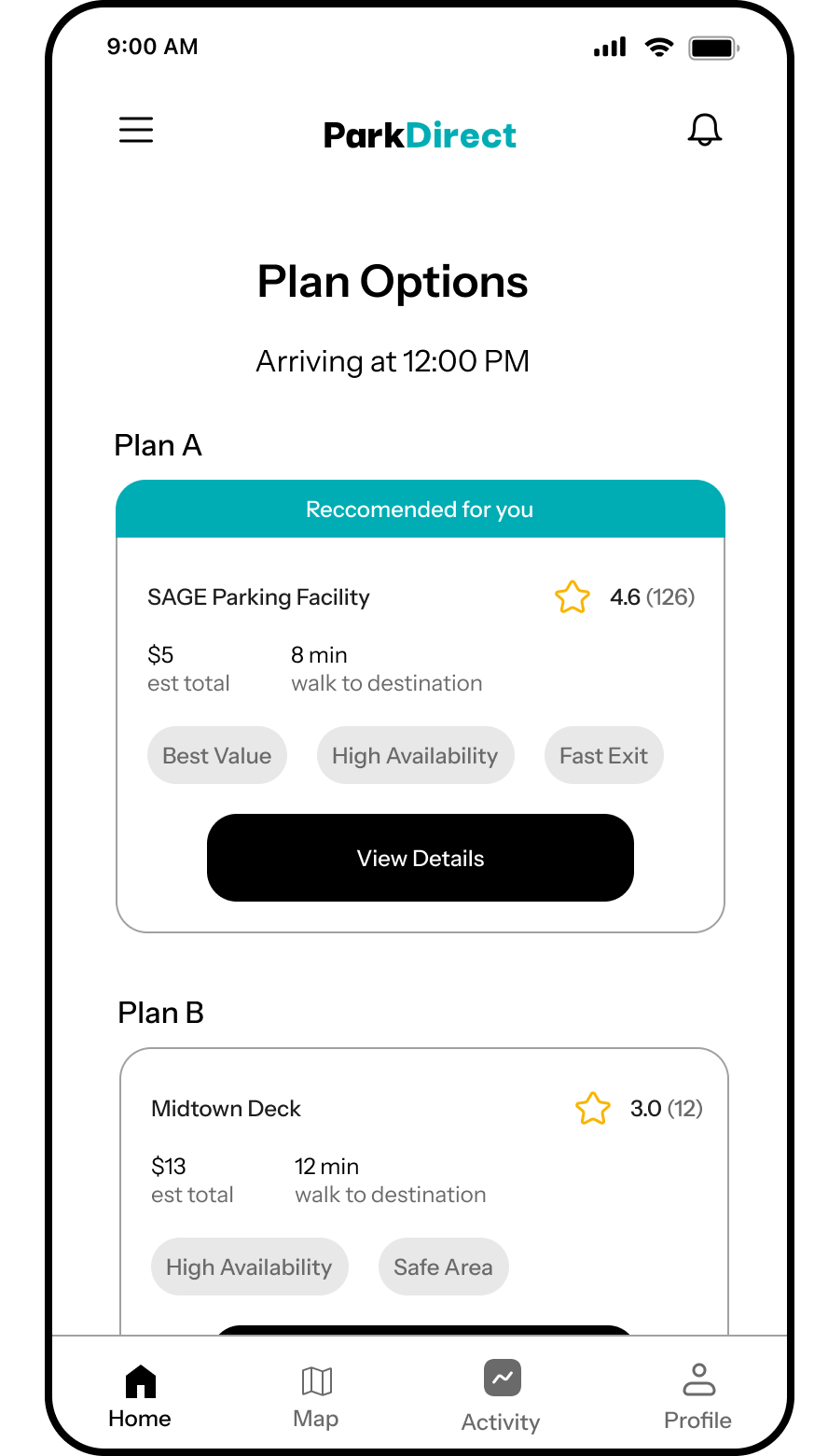 ParkDirect plan options screen comparing two parking plans