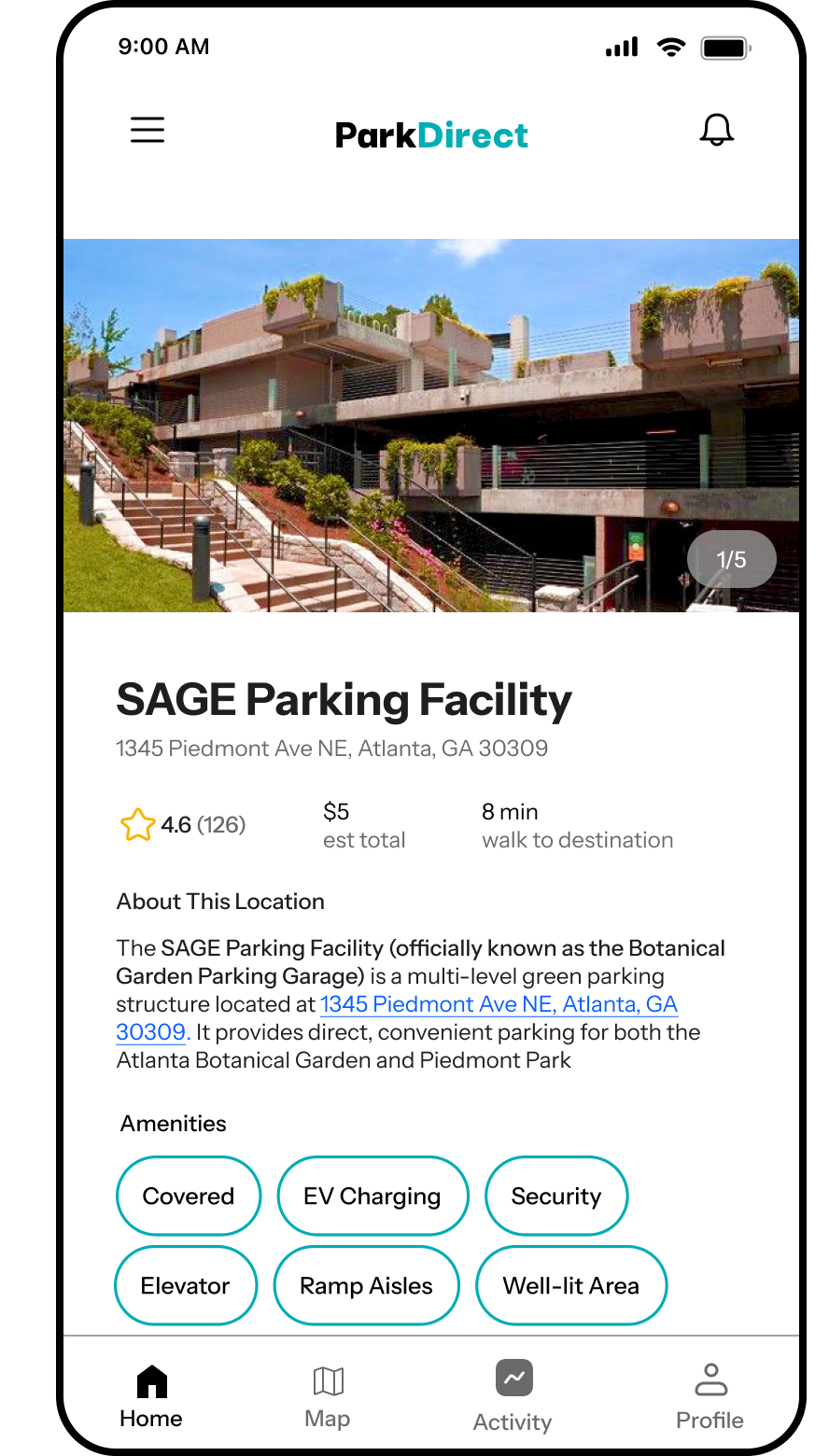 ParkDirect parking facility detail screen with amenities and pay button