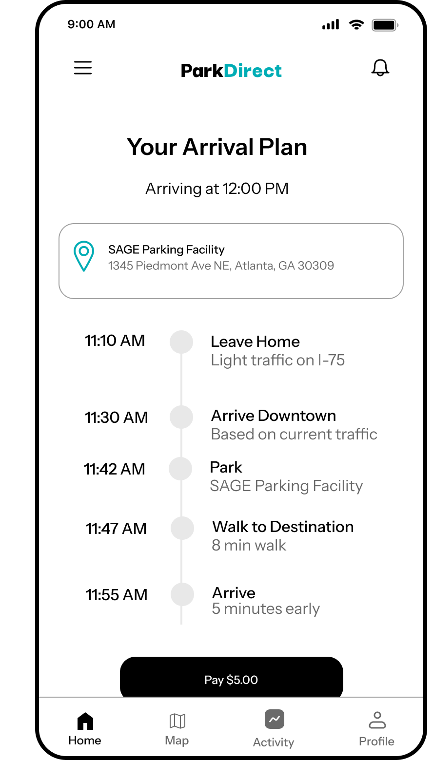 ParkDirect arrival plan screen with step-by-step directions