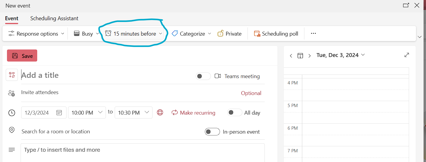Microsoft Outlook's New Event screen with the reminder dropdown circled, which multiple participants overlooked