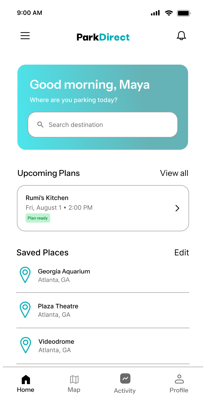iPhone mockup of the ParkDirect app home screen