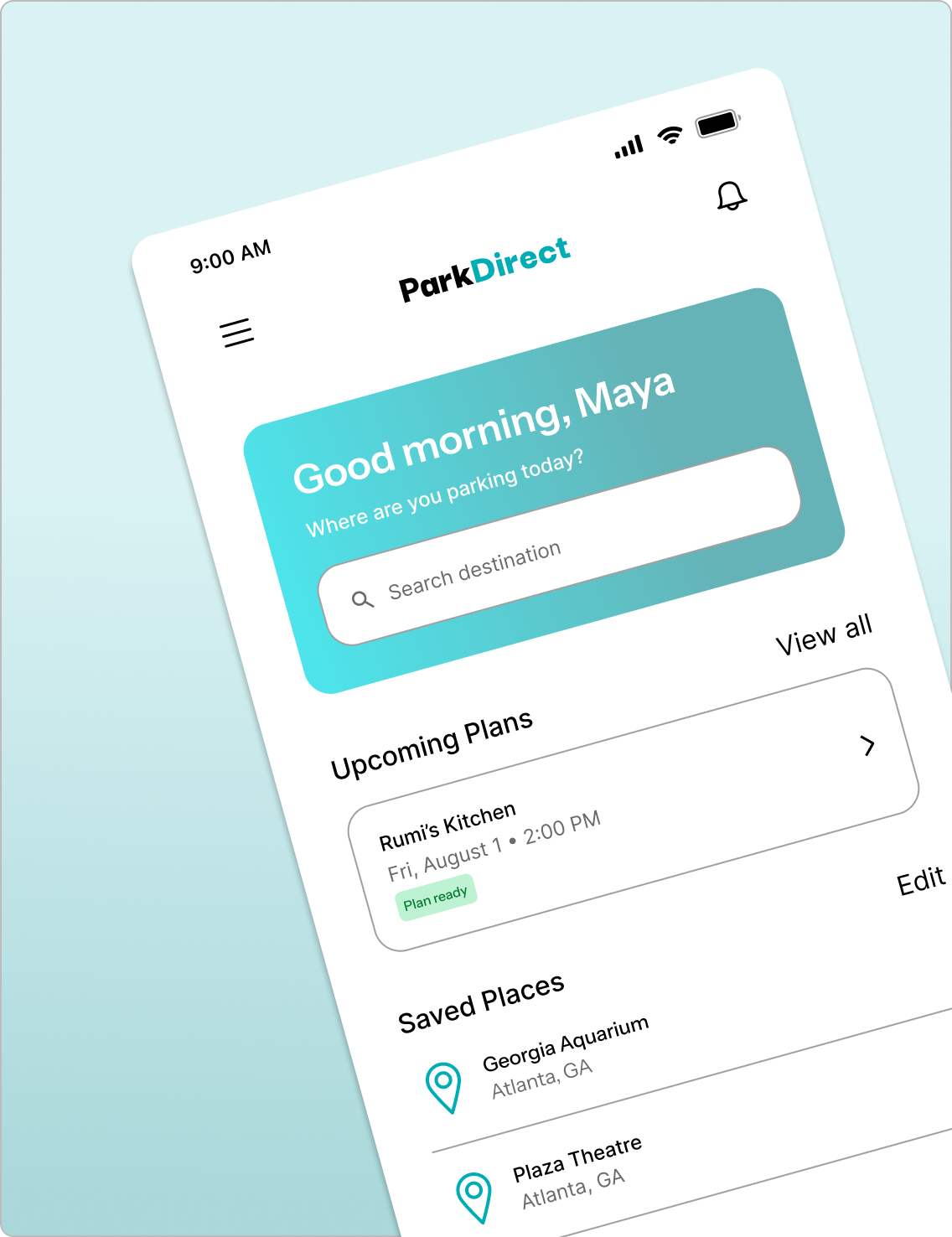 ParkDirect app mockup on a teal background